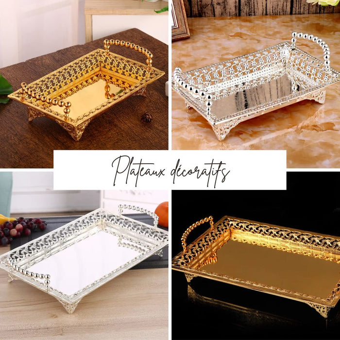 Lot de 2 Plateau de service en métal de style vintage, plateau décoratif pour table basse ou table de salle à manger Lot de 2 Plateau de service en métal de style vintage, plateau décoratif pour table basse ou table de salle à manger